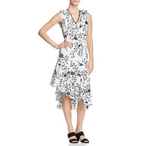 Le Gali NEW Eve Floral Print Asymmetrical Hem Lace Trim Midi Ruffle V-Neck Dress